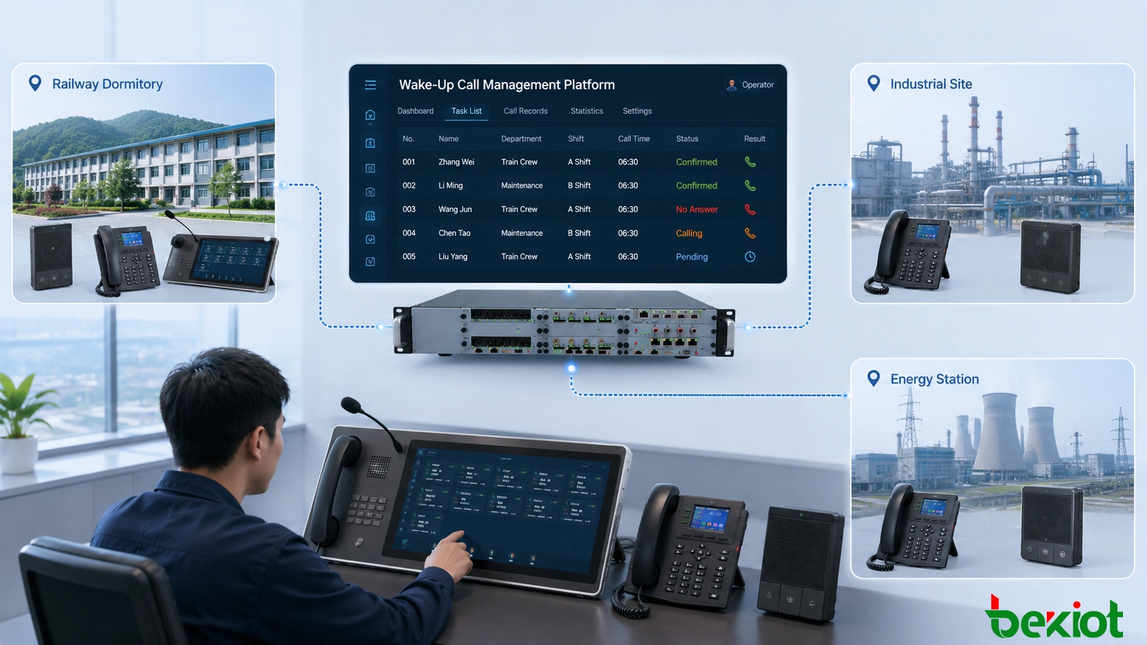 Smart wake-up call management interface showing confirmed, unanswered and exception tasks with historical call records and operator actions