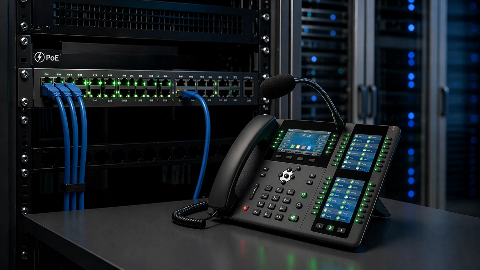 PoE switch delivering data and IEEE 802.3af power to an IP phone over one Ethernet cable