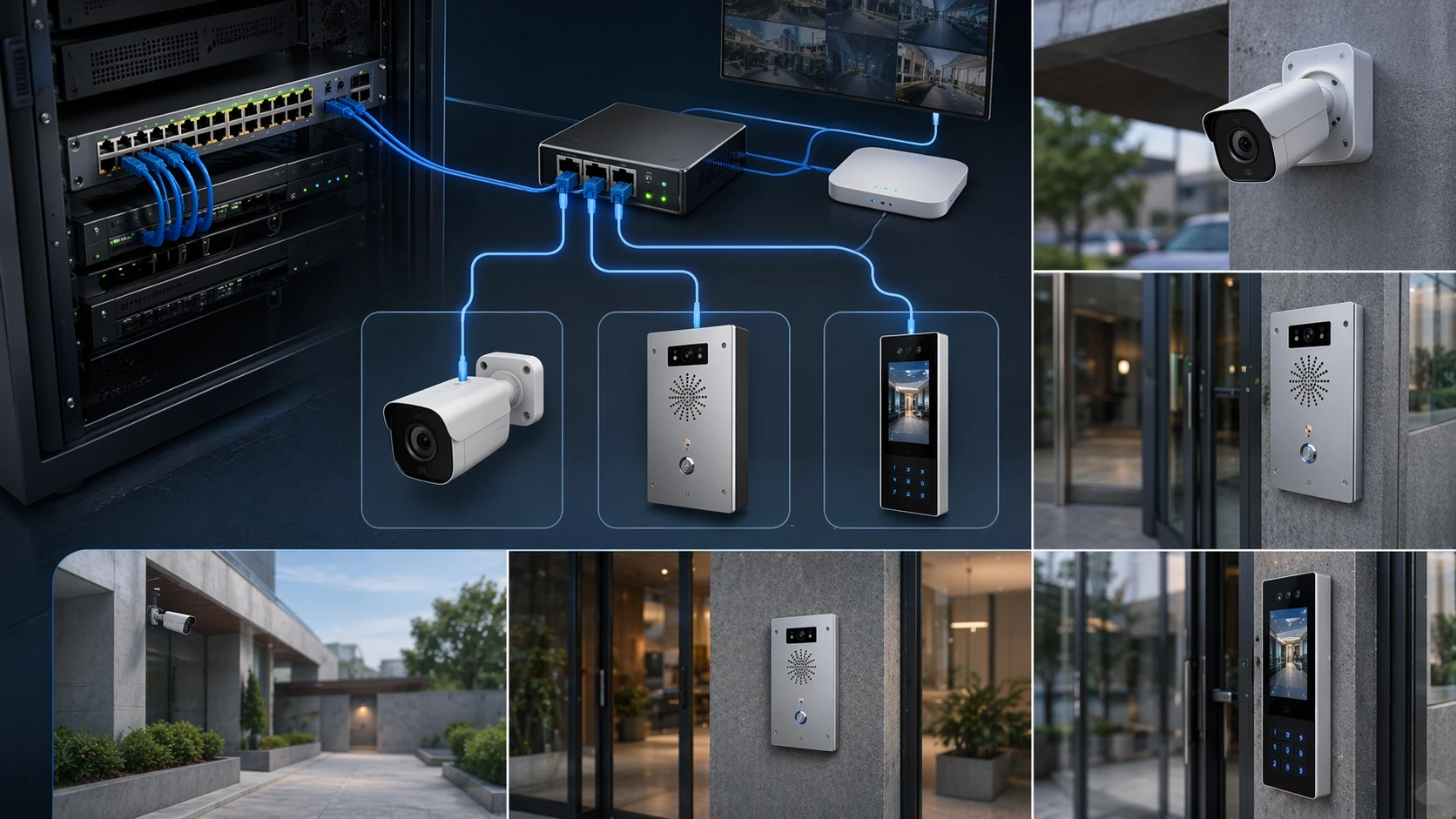 استخدام PoE بمعيار IEEE 802.3af لكاميرا IP ووحدة اتصال داخلي وجهاز تحكم في الدخول داخل منشأة