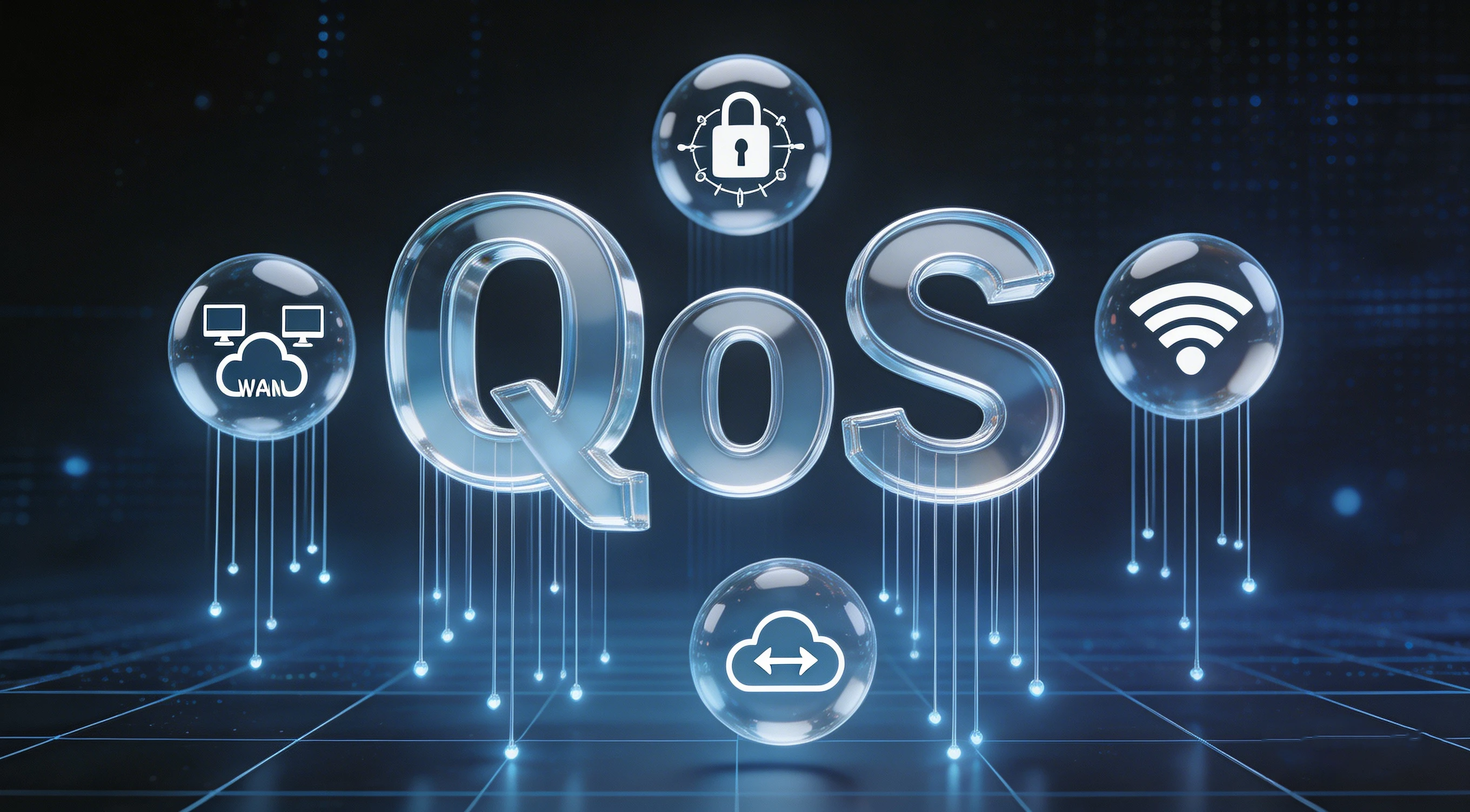 Diagram showing QoS prioritization across voice, video, business data, and background traffic on a shared network link