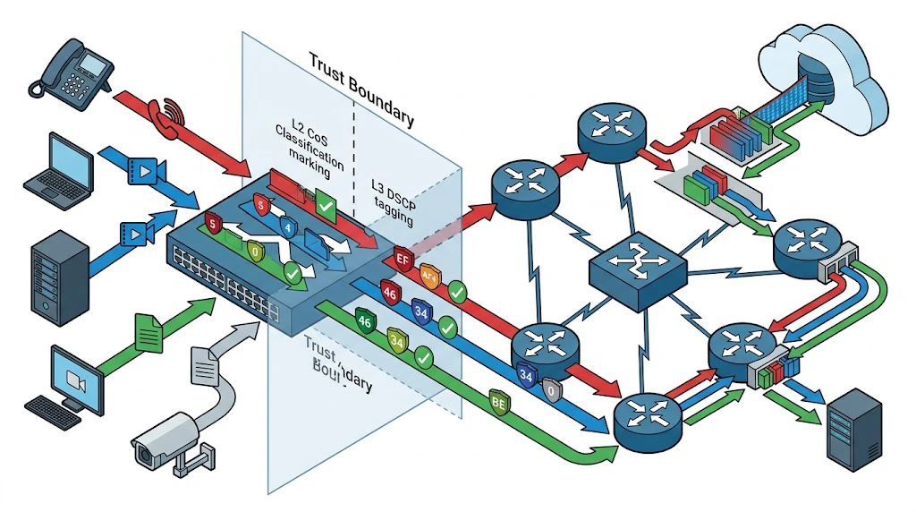 Network operations dashboard displaying DSCP-marked voice traffic, latency, jitter, queue statistics, and policy hits for a converged enterprise voice network