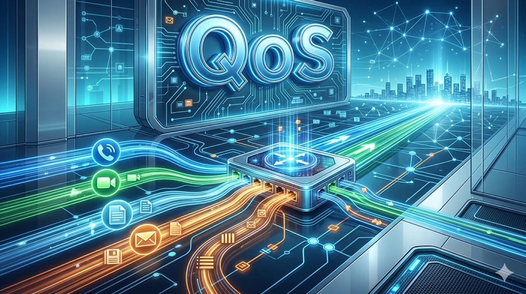 Diagram showing IP phones, switches, routers, and voice traffic marked with QoS priority values such as DSCP EF and CoS 5 across an enterprise network