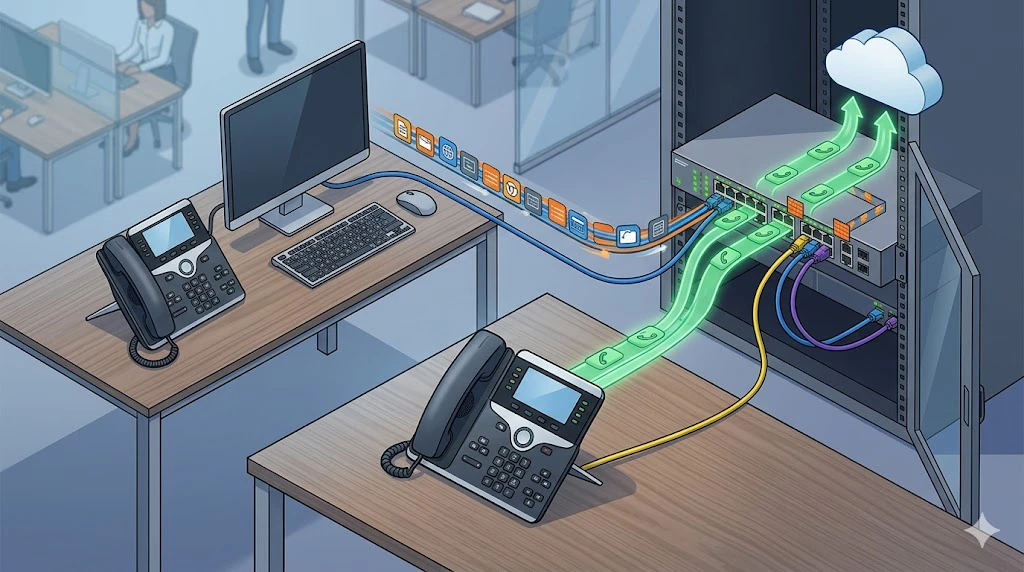 Enterprise switch port with an IP phone and PC connected, showing a trust boundary where the switch trusts voice markings from the phone but applies different QoS handling to workstation traffic
