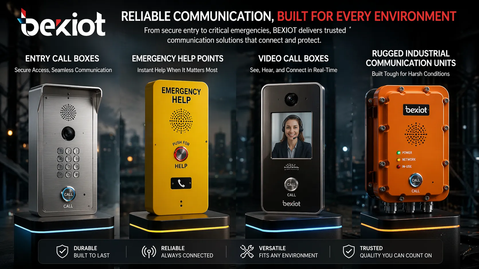 Different call box types including entry call boxes, emergency help points, video call boxes, and rugged industrial communication units