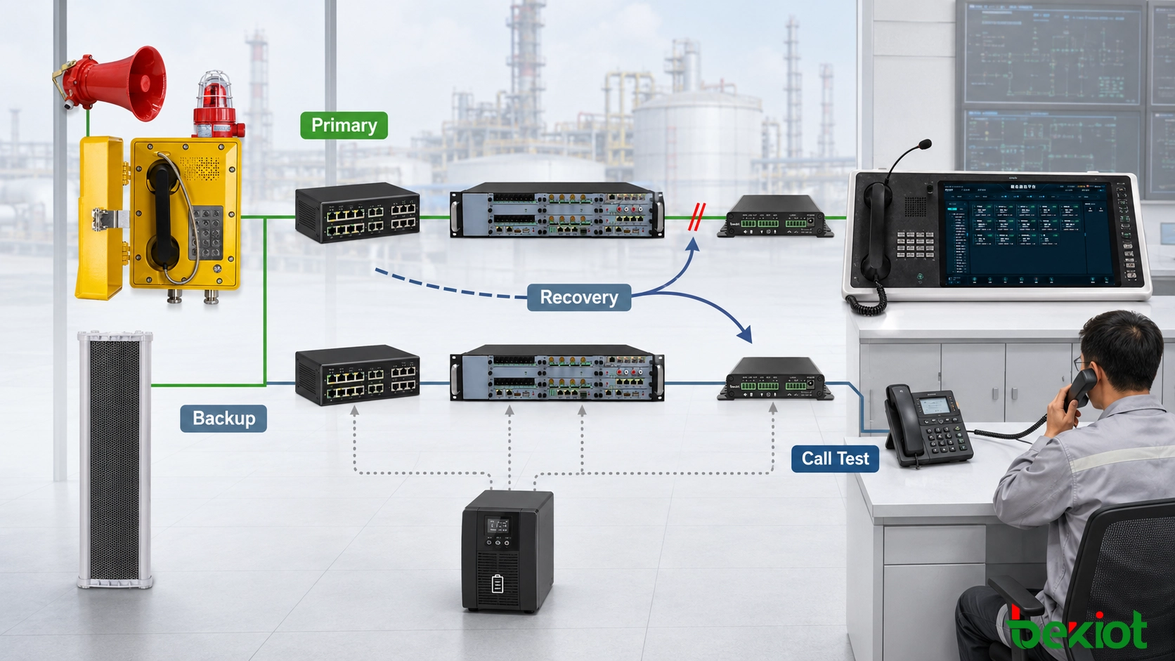 Commissioning an explosion-proof telephone network through call, paging, outage and recovery tests