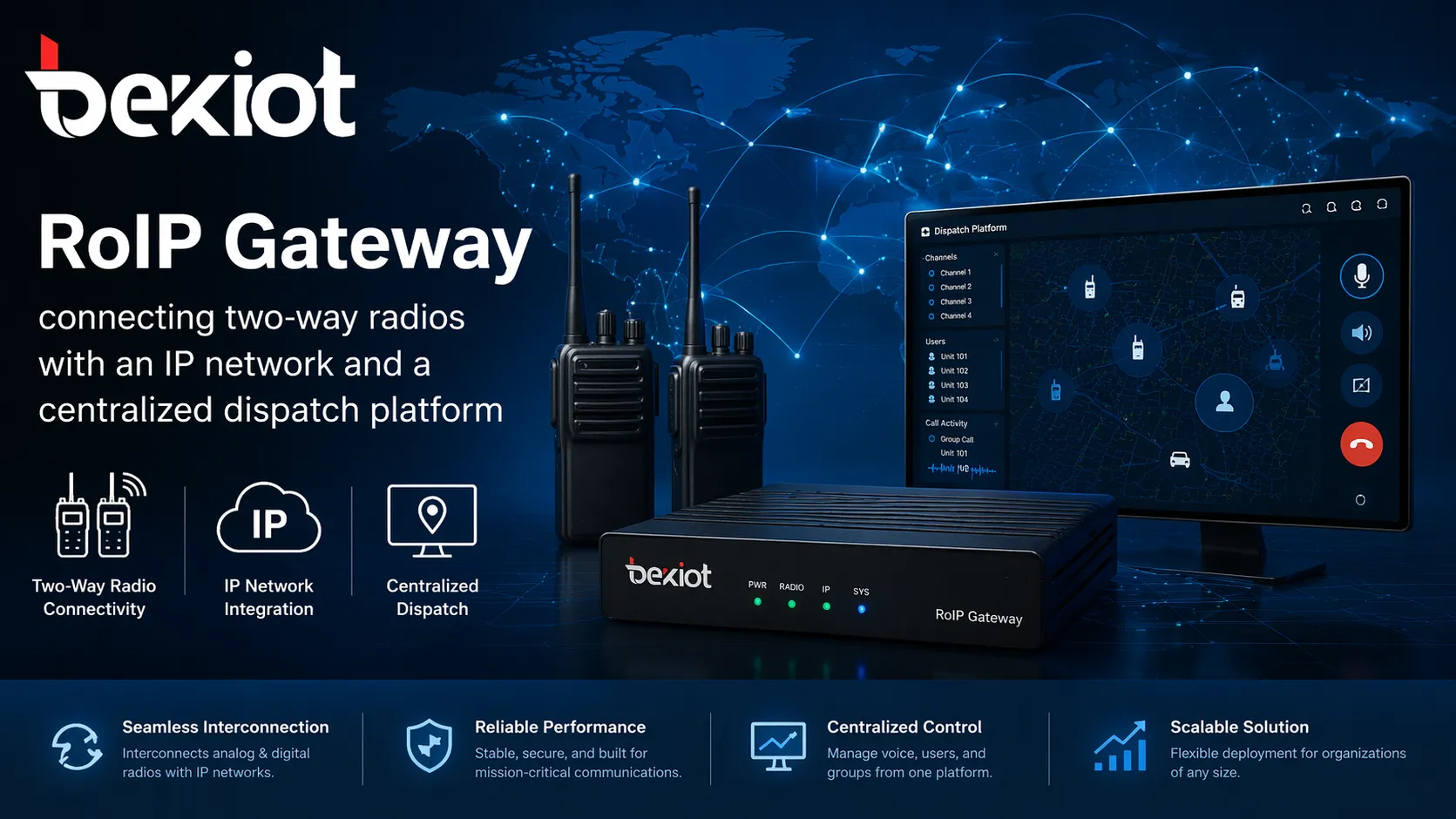 RoIP gateway connecting two-way radios with an IP network and a centralized dispatch platform