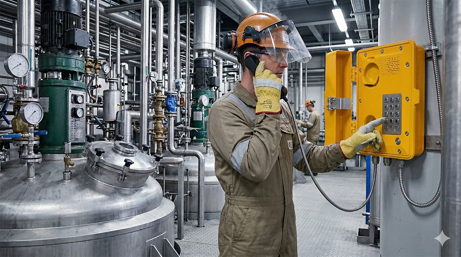 A worker wearing safety gear using an explosion-proof SIP phone in a chemical plant
