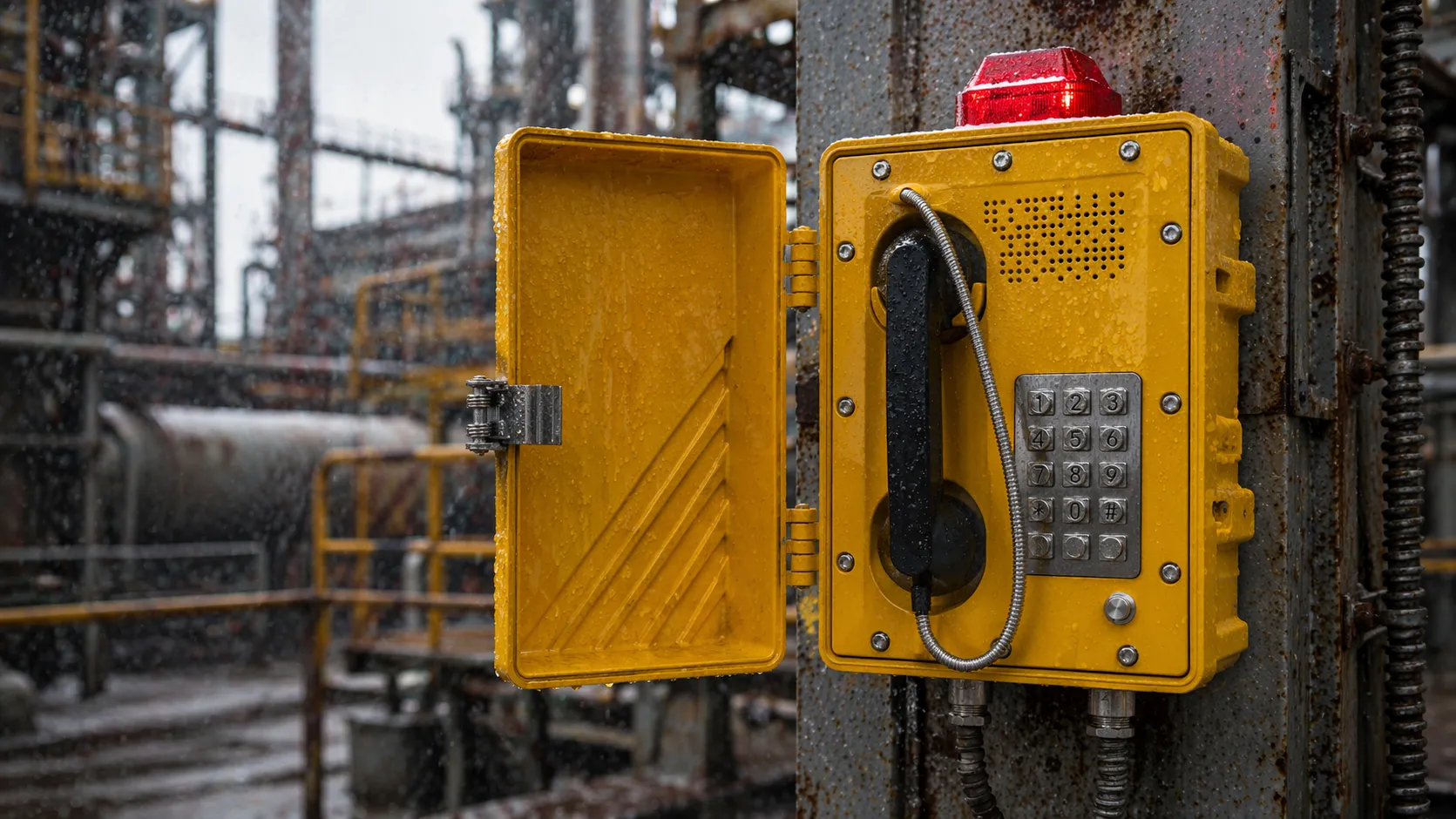 Rugged industrial telephone mounted in a harsh outdoor work area with a sealed enclosure and handset