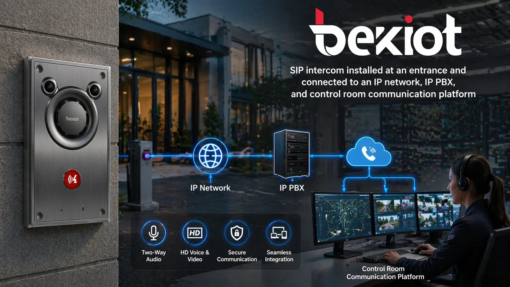 SIP intercom installed at an entrance and connected to an IP network, IP PBX, and control room communication platform