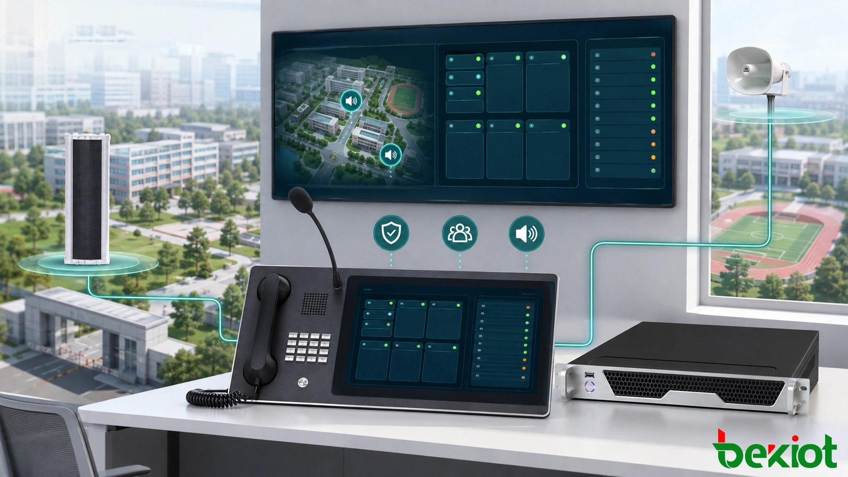 Campus emergency command platform coordinating intercom, telephony, and zone paging