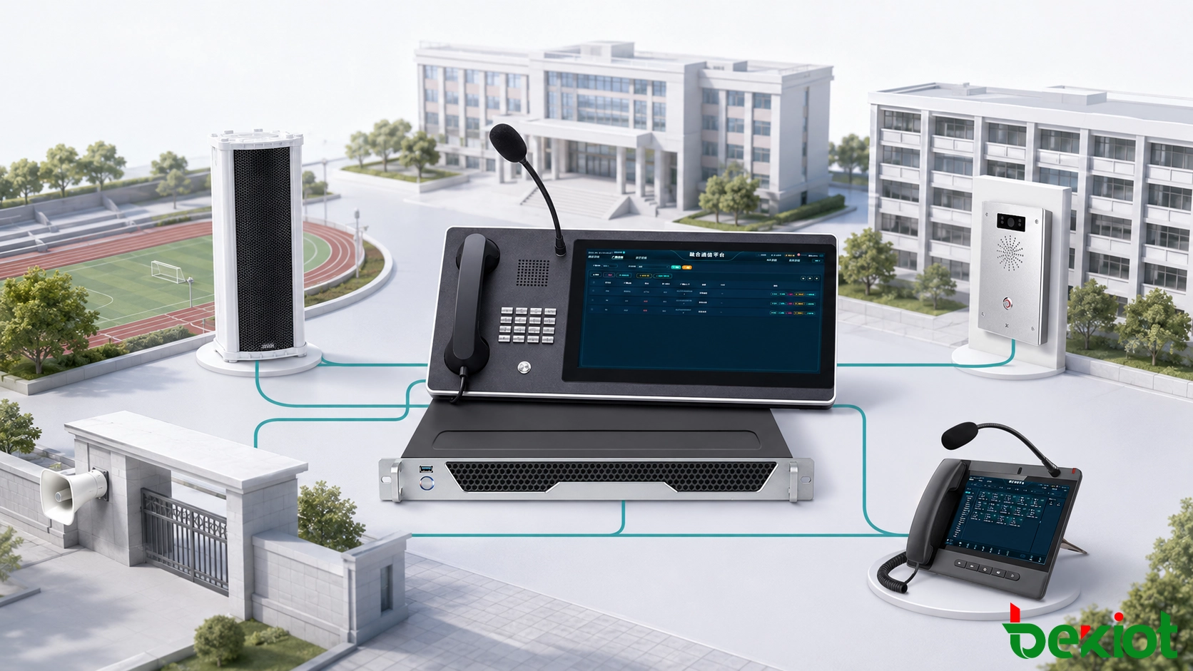 Campus unified communications system connecting PA, telephony, intercom, alarms, and dispatch