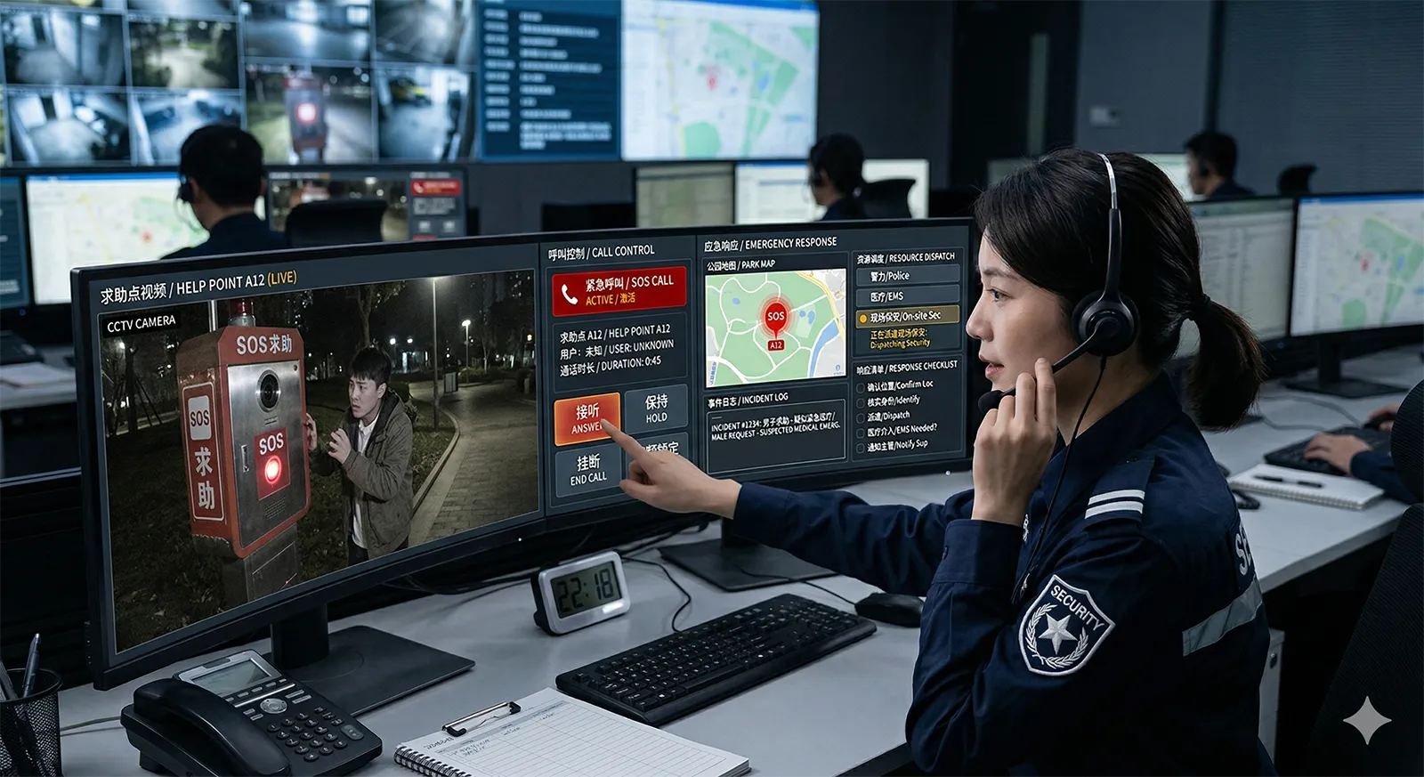 Security operator handling an SOS intercom call with linked video, call control, and emergency response interface on screen