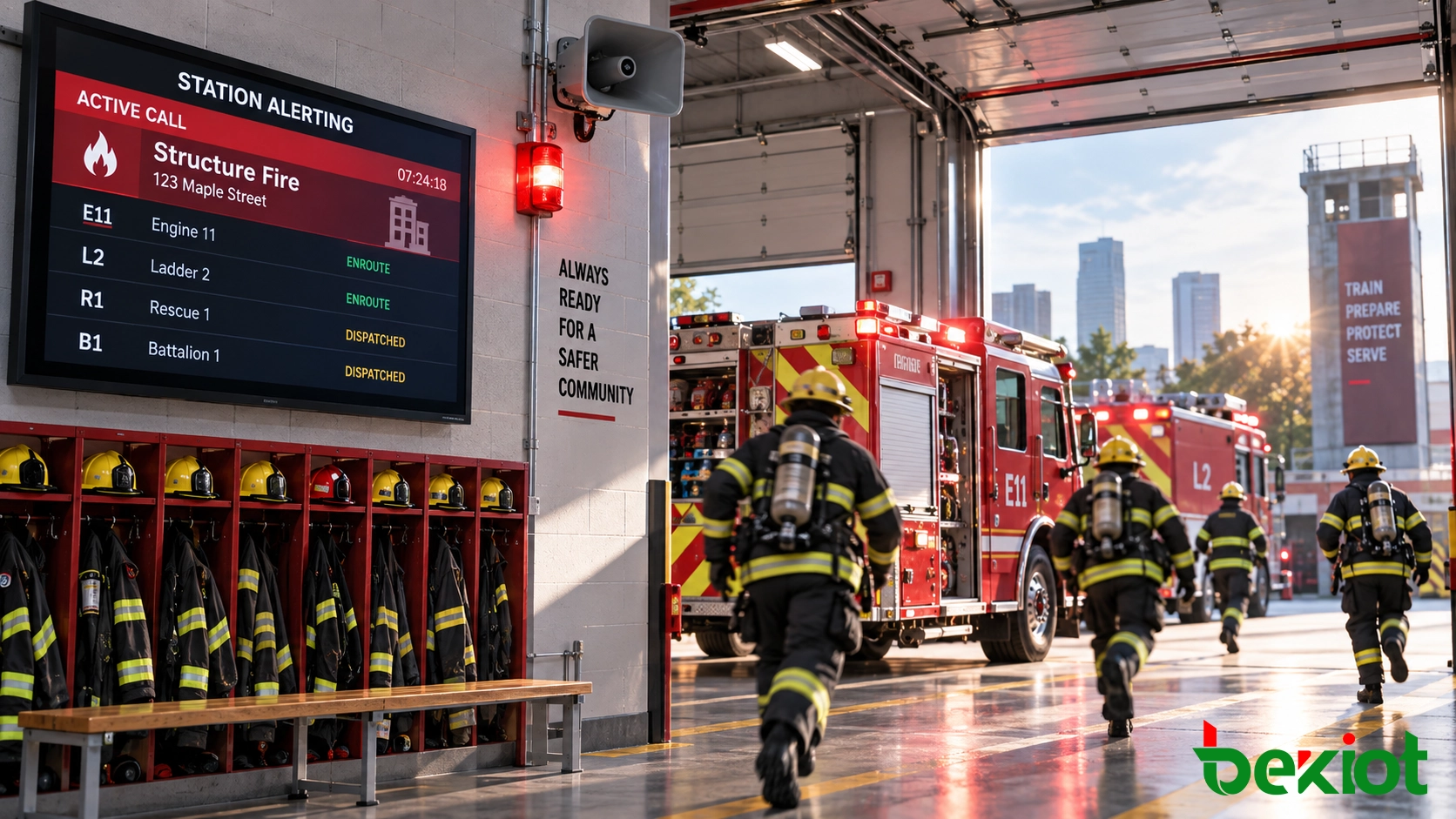 Becke Telcom fire and rescue command and control system architecture showing control room positions, radio and telephony integration, GIS, station alerting, mobile responders, and incident command support