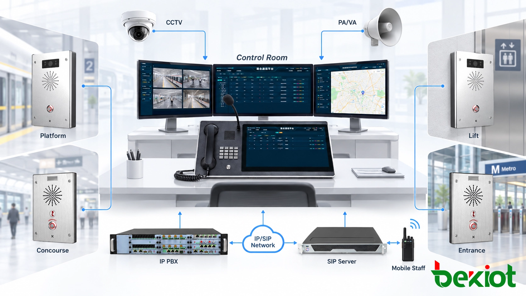 Passenger help point and emergency communication architecture for rail and metro stations with intercom, PA/VA, CCTV, control room, and dispatch integration