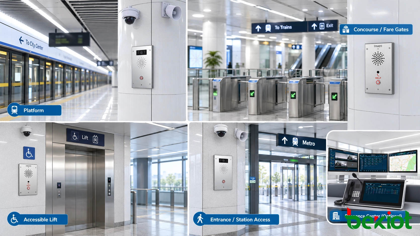 Passenger help point deployment across rail and metro platforms, concourses, entrances, lifts, and remote station areas