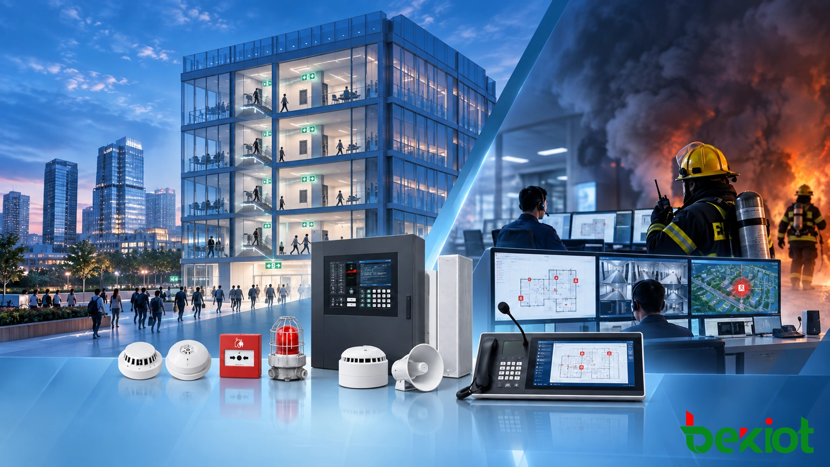 Intelligent fire alarm and emergency evacuation architecture with detectors, fire alarm panels, voice alarm, public address, emergency conferencing, radio dispatch, and centralized command