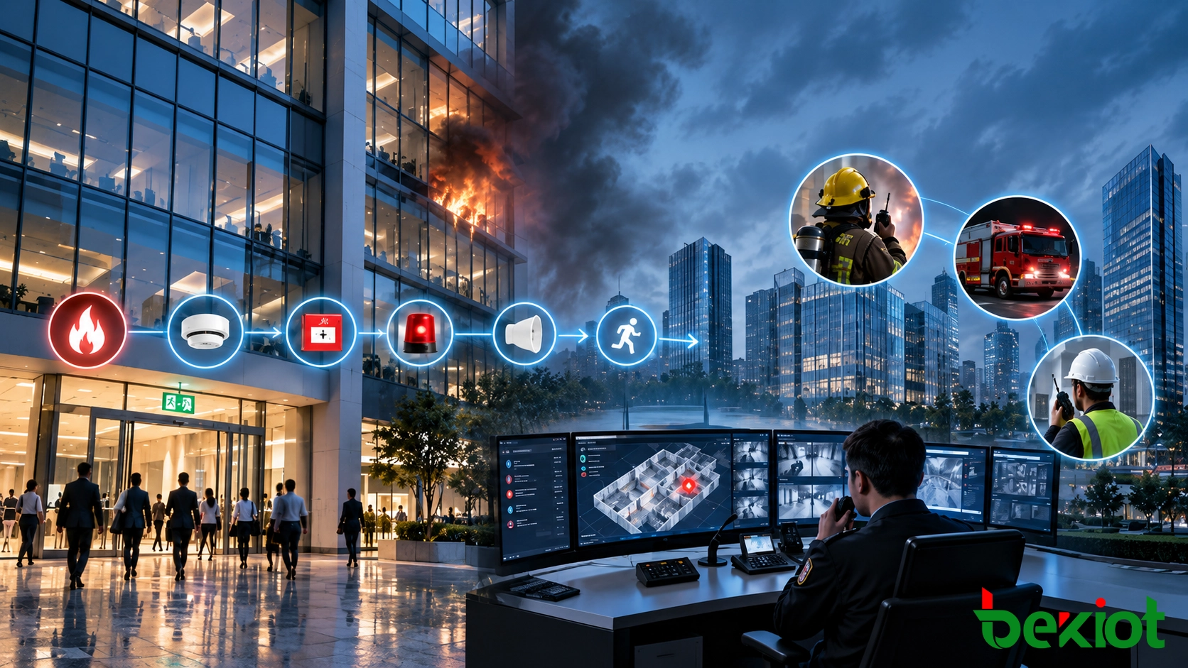 Integrated fire alarm, voice evacuation, emergency conferencing, and trunked radio command environment for coordinated emergency response