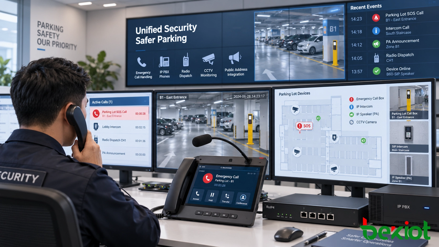 Parking lot control room with emergency call handling, IP PBX phones, radio dispatch, CCTV, and public address integration