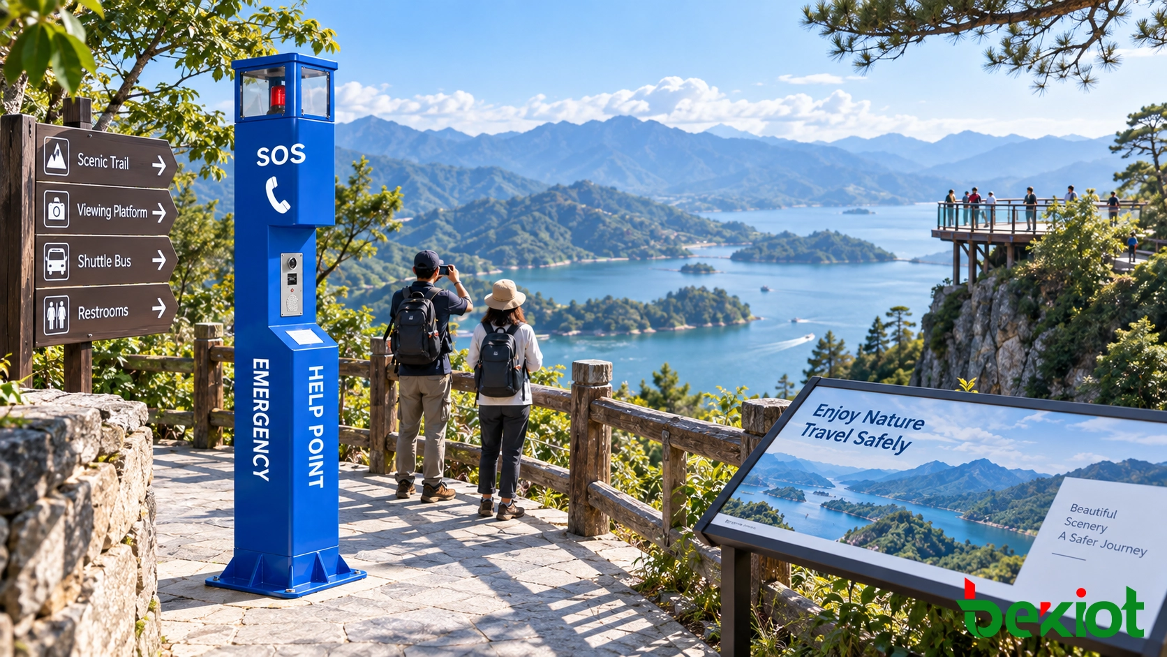 Help point and emergency intercom deployment across entrances, scenic pathways, transport stations, and public visitor zones