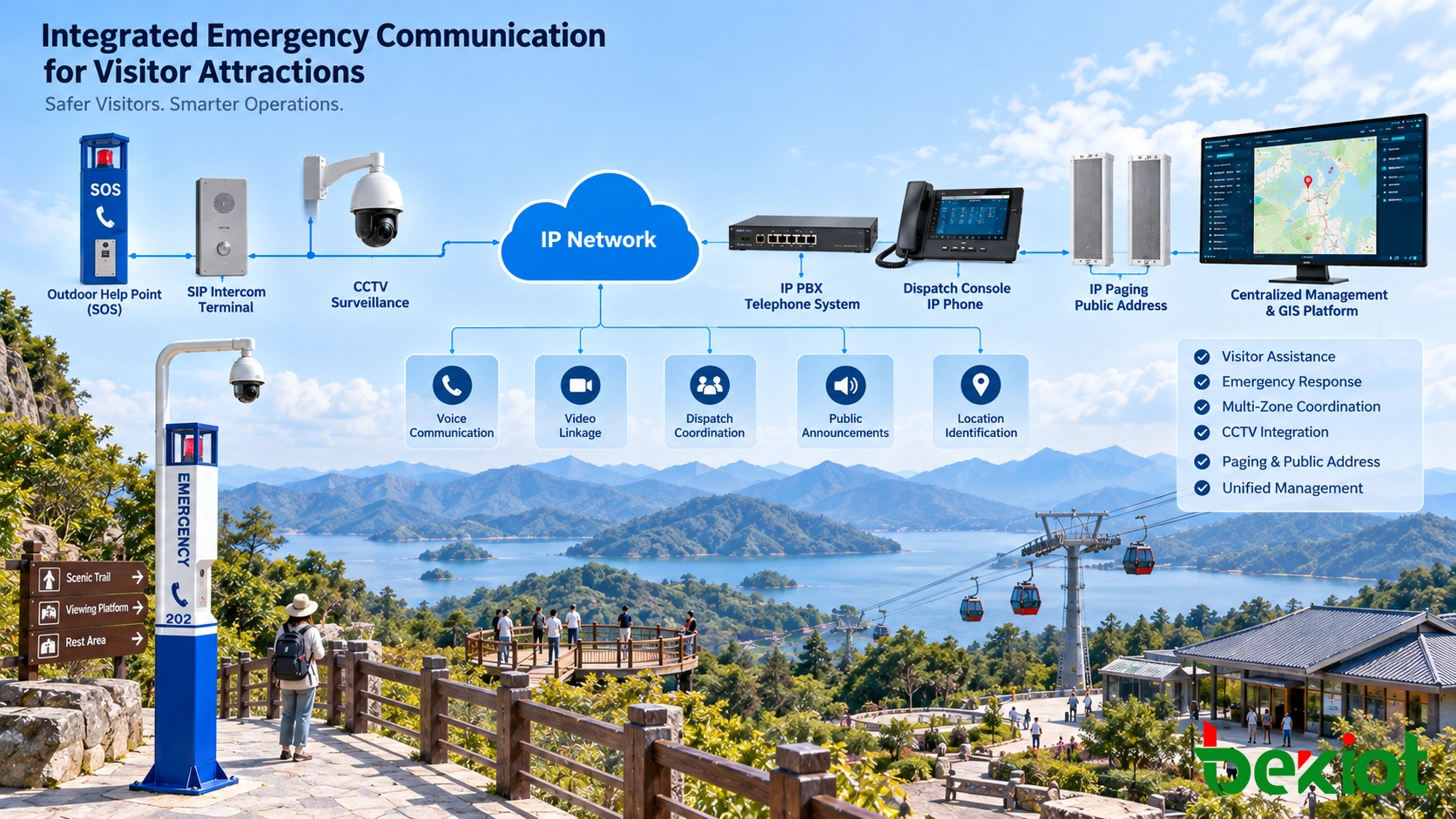 Emergency intercom and help point architecture for visitor attractions with outdoor help points, SIP intercom, telephones, paging, CCTV, and centralized control