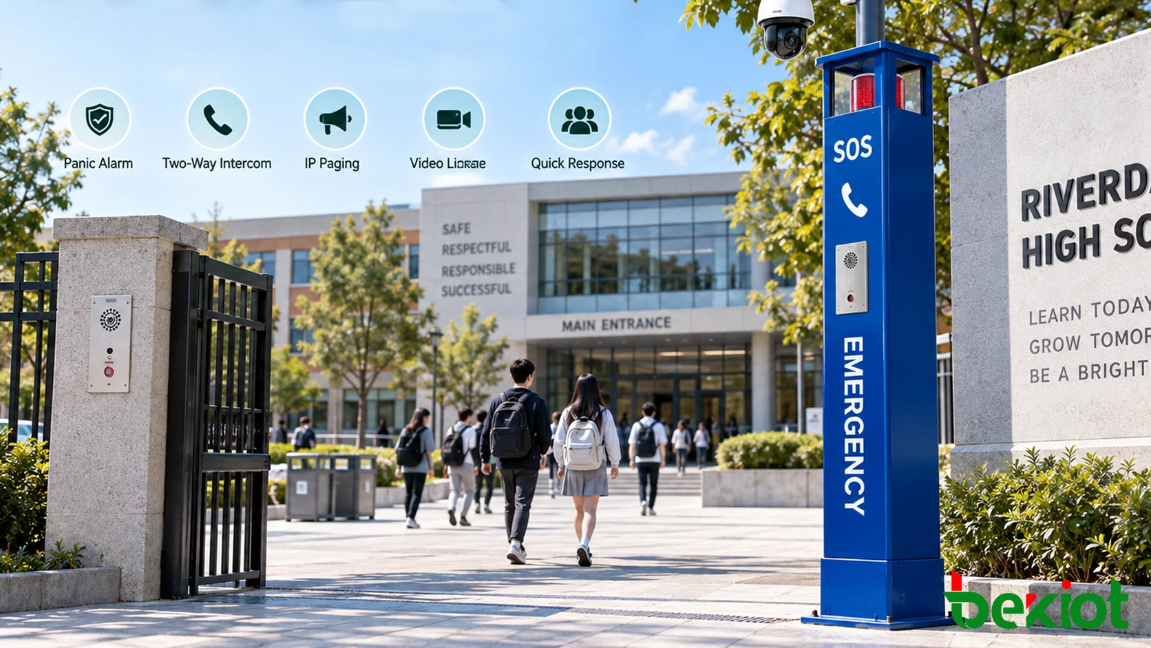 School emergency communication deployment in classrooms, gates, corridors, dormitories, and public campus spaces with panic buttons and intercom support