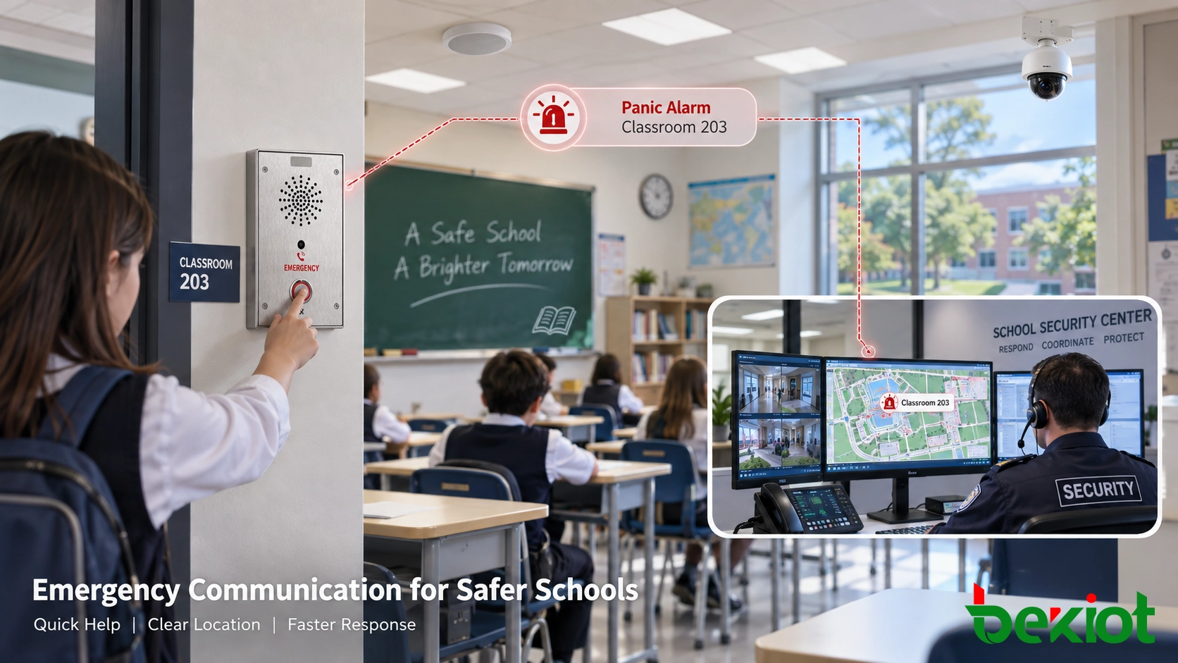 School panic button and emergency communication architecture connecting classrooms, gates, offices, SIP intercom, IP phones, paging, CCTV, and centralized management