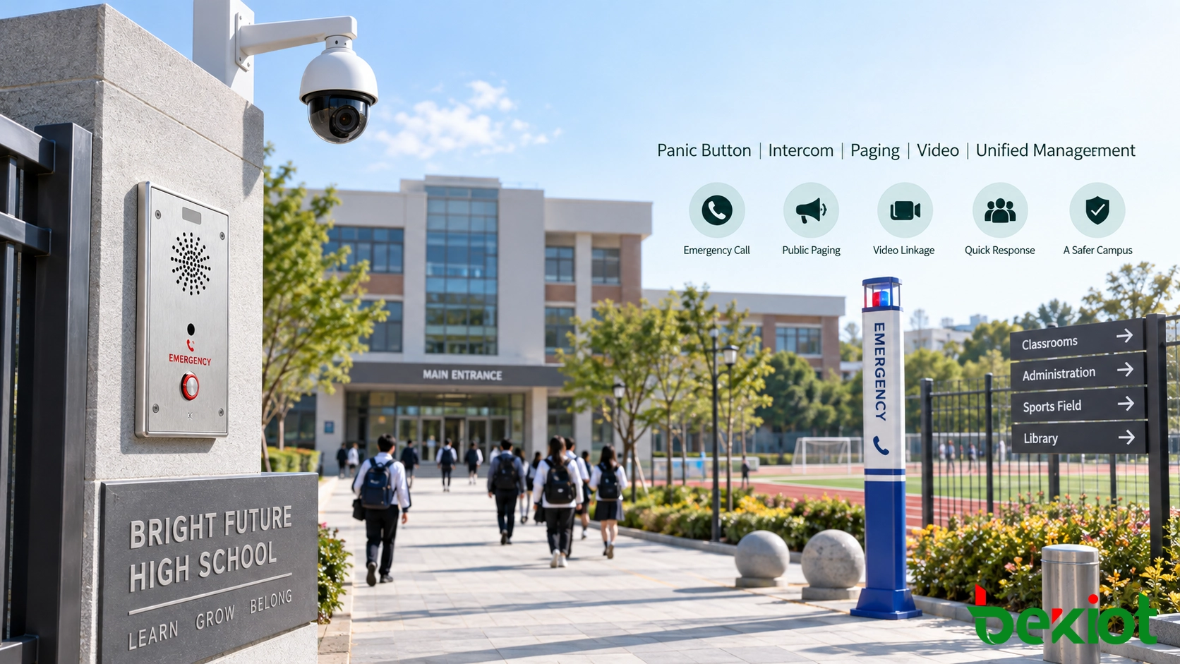Campus security room with emergency communication, paging control, CCTV linkage, and centralized school safety monitoring