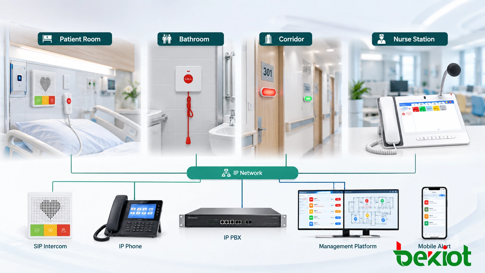 Healthcare nurse call and emergency alert system architecture connecting patient rooms, bathrooms, nurse stations, SIP intercom, IP phones, mobile alerts, and central management platform