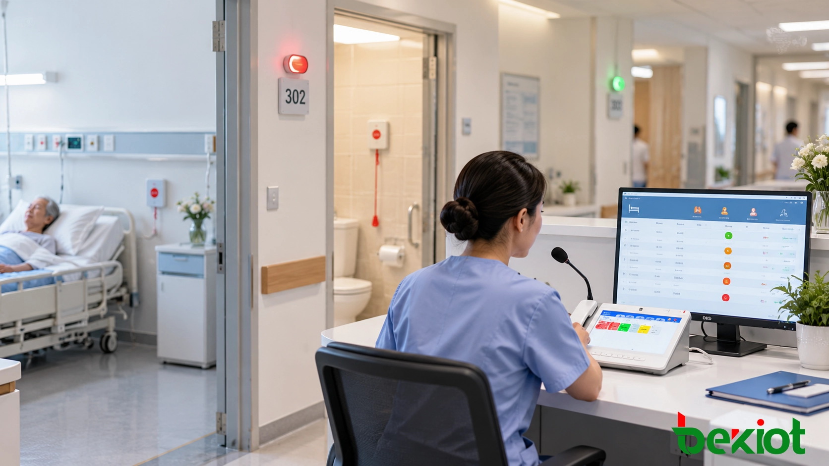 Nurse station console and centralized emergency alert management screen showing room-level calls, priority alarms, and healthcare response workflow