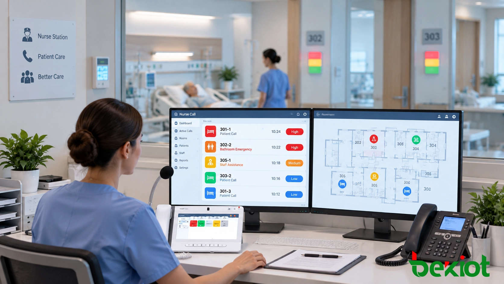 Patient room and bathroom emergency alert deployment in a healthcare facility with bedside call units, corridor indicators, and nurse response system