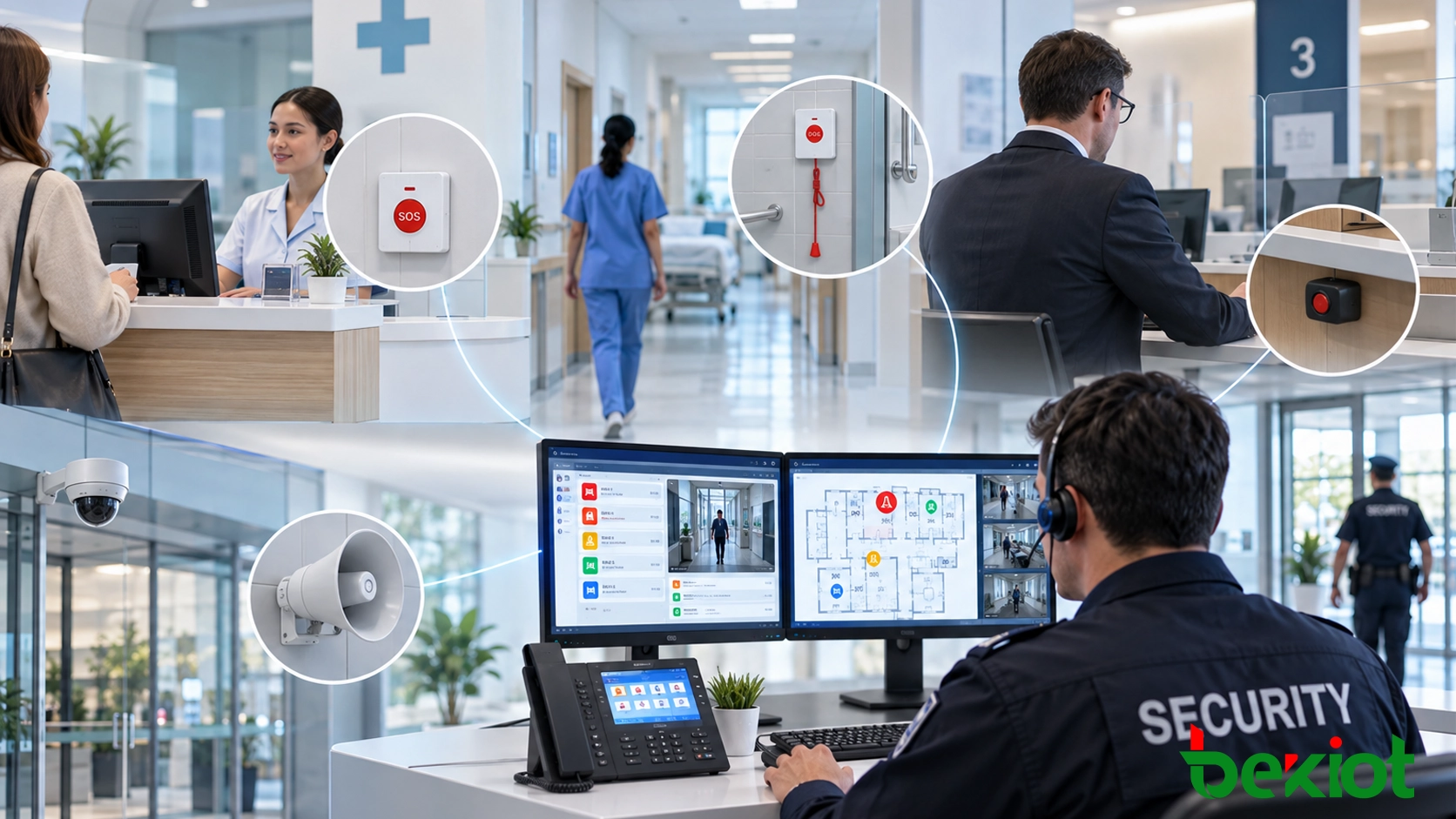 Healthcare and public service application of duress alarm solution with reception area, nurse station, and security response integration