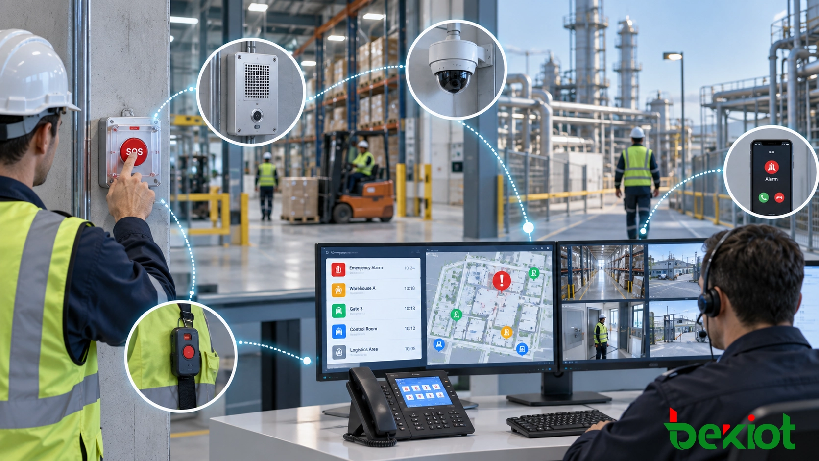 Industrial panic button and duress alarm solution with control room, field communication devices, and centralized dispatch integration