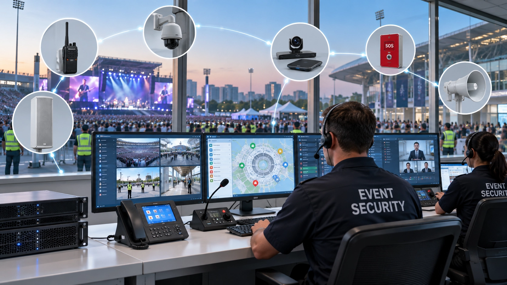 Integrated emergency communication platform for a major event command center with dispatch console, phones, radio integration, and video coordination