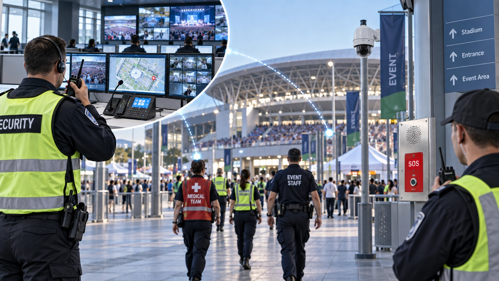 Field operation teams at a major event using handheld radios, emergency call stations, and unified communication devices linked to the command center