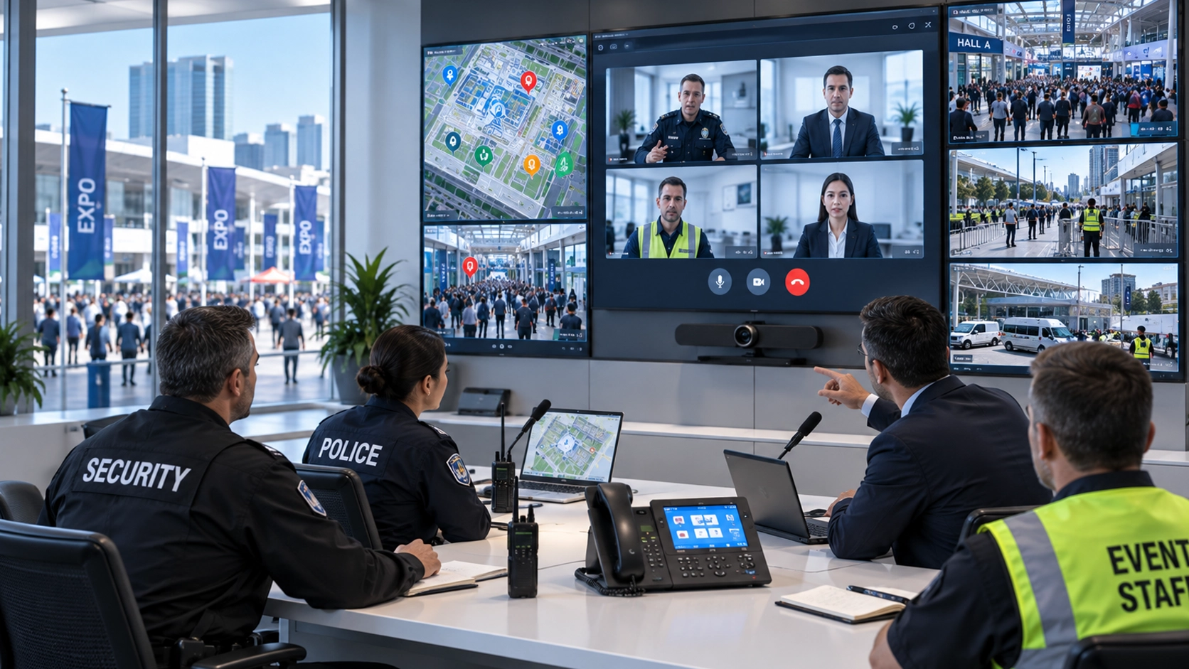 Major event emergency command team using a video conferencing system for real-time coordination with remote and on-site operation units