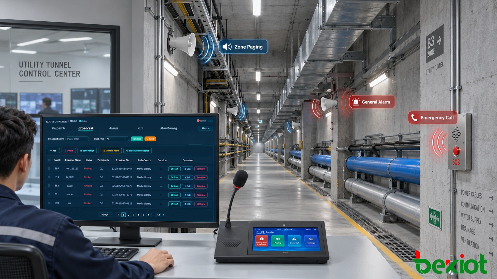 Underground utility tunnel PAGA overview showing control center paging, corridor loudspeakers, emergency intercom points, and alarm coverage across cable and pipeline chambers