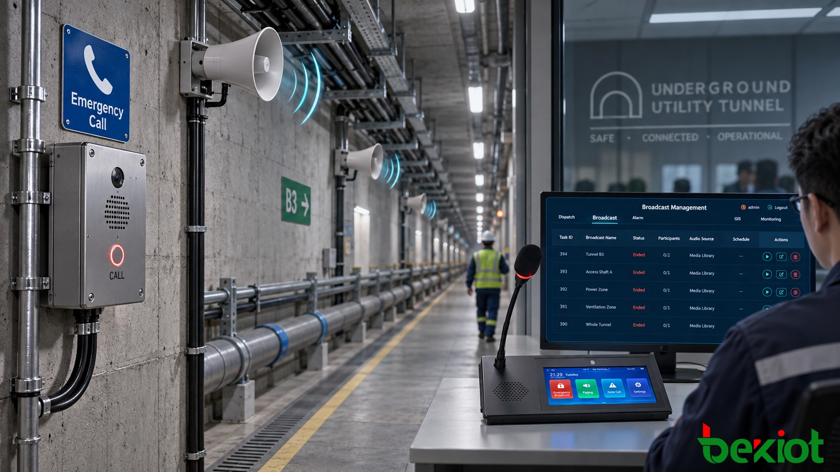 Emergency intercom and zoned broadcasting in an underground utility tunnel with access shaft communication, corridor speakers, and control center coordination