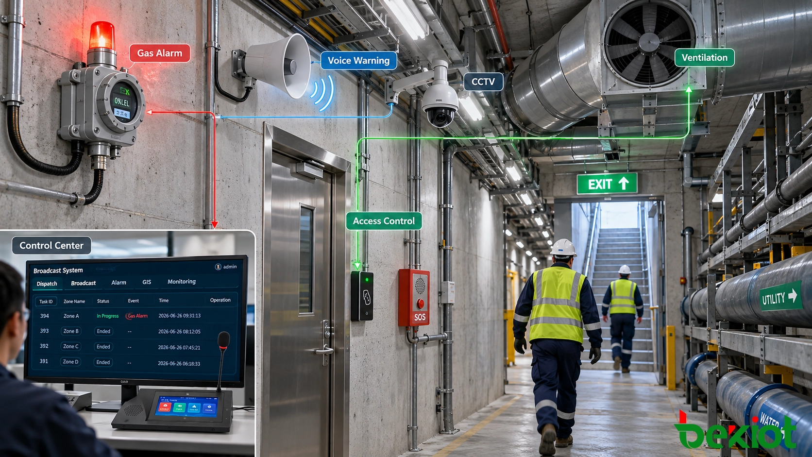 Underground utility tunnel evacuation broadcast with gas detection linkage, ventilation coordination, access shaft guidance, and control center voice command