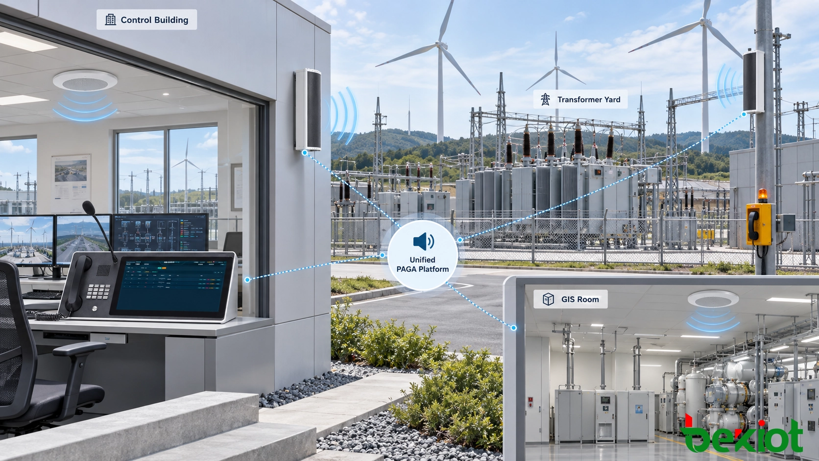 Wind farm substation PAGA overview showing control building paging, transformer yard loudspeakers, GIS room broadcast coverage, and emergency communication across key electrical areas
