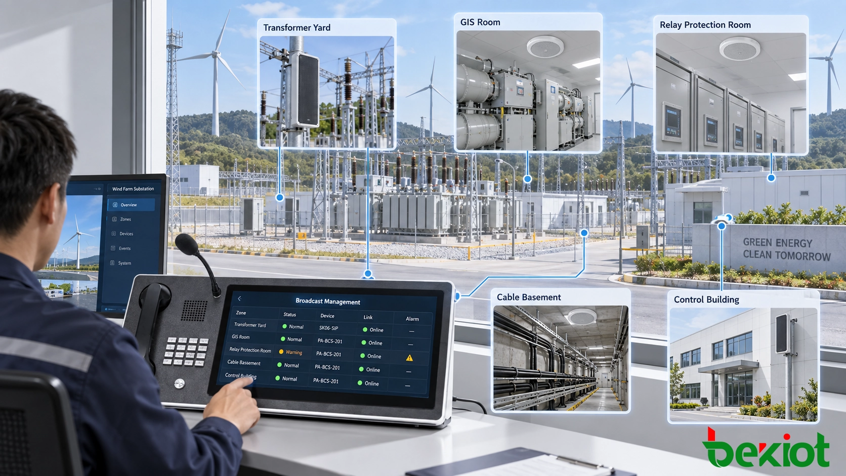 Zoned paging across wind farm transformer yard, GIS room, relay protection room, cable basement, and control building with coordinated operator management