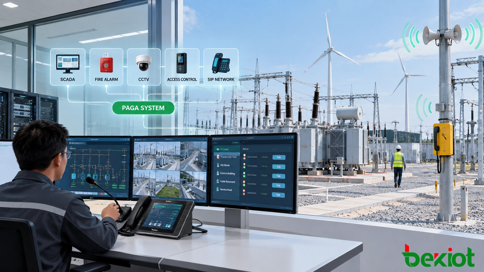Wind farm substation emergency broadcast response with SCADA-linked alarm, control building paging, transformer yard warning speakers, and evacuation guidance