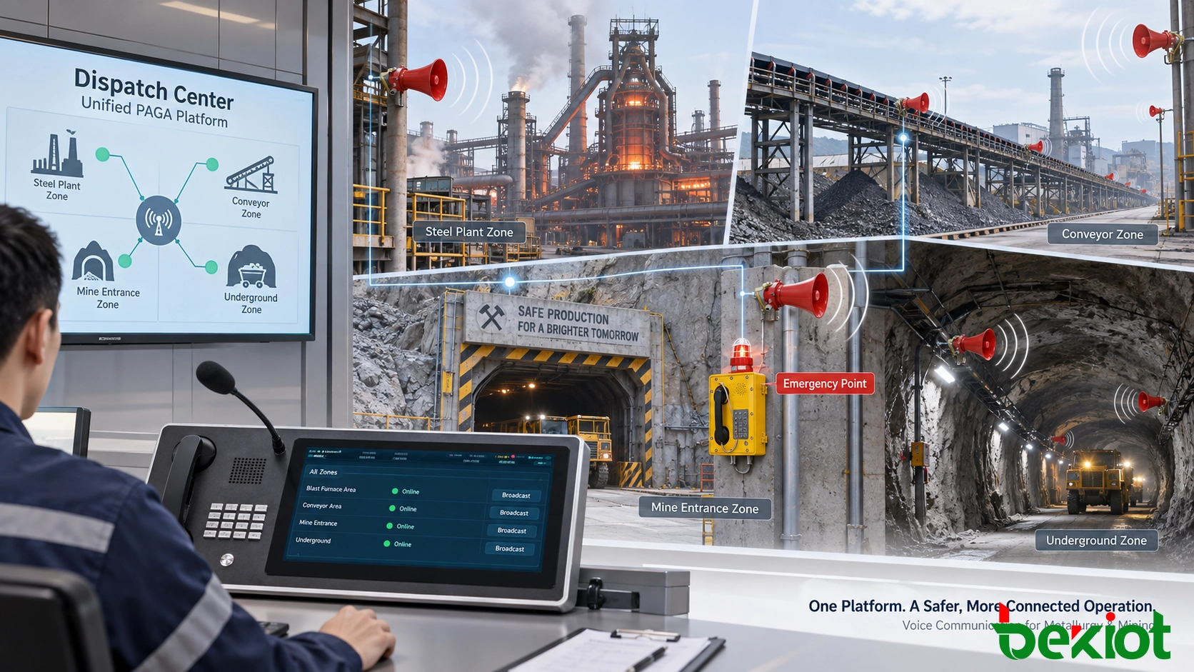 PAGA system overview for metallurgy and mining showing control center, horn speakers, industrial communication terminals, and alarm coverage across workshops, mine entrances, and underground zones