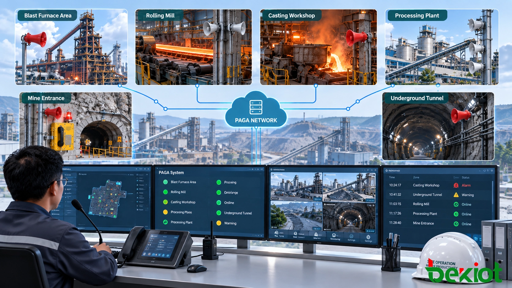 Zoned industrial broadcasting across blast furnace area, rolling mill, casting workshop, mine entrance, underground tunnel, and processing plant with central dispatch control