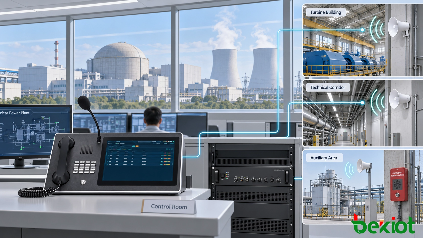 Nuclear power plant PAGA system overview showing central control room, turbine building speakers, auxiliary area paging coverage, and plant-wide general alarm communication