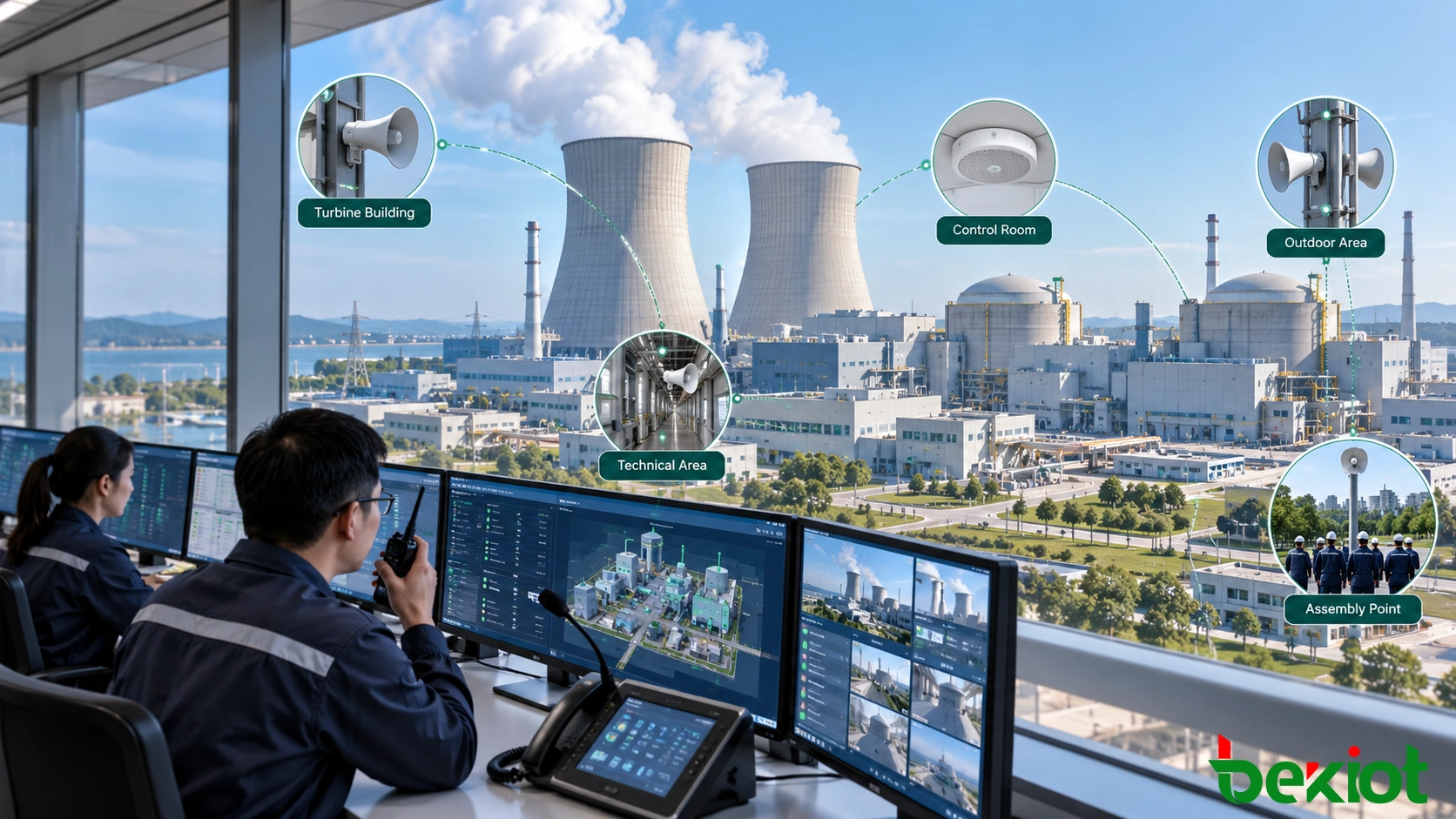 Nuclear power plant emergency broadcast response with control room command, zone-specific alarm messaging, technical area coverage, and assembly point guidance