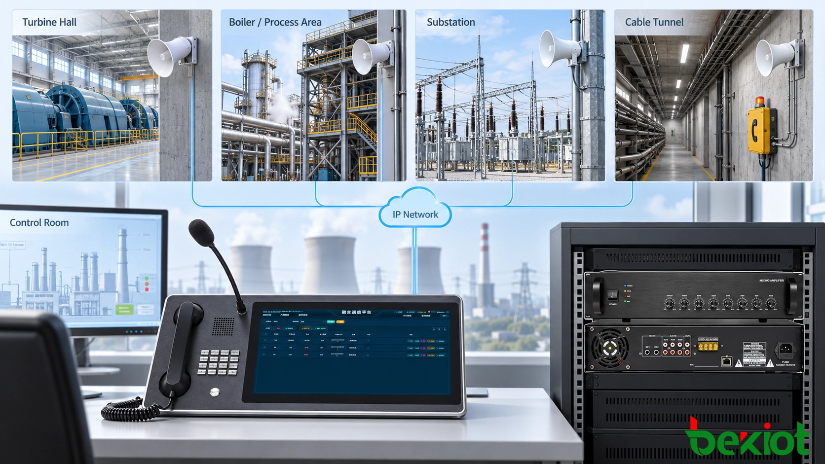 Power PAGA system overview showing central control room, turbine hall loudspeakers, substation broadcast coverage, and emergency communication across plant zones