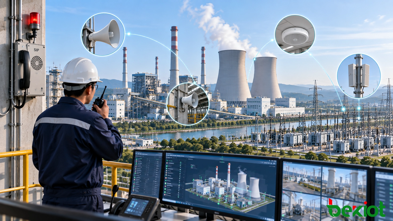 Power plant emergency broadcast response with control room command, zone-specific alarm messaging, substation coordination, and evacuation guidance