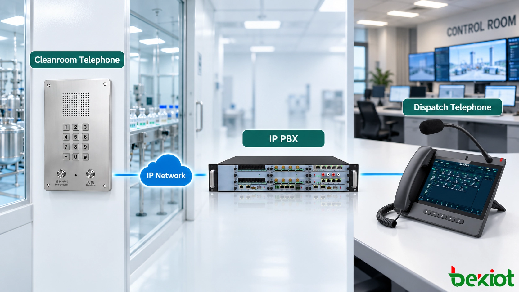 Cleanroom telephone connected to an IP PBX and control-room dispatch telephone