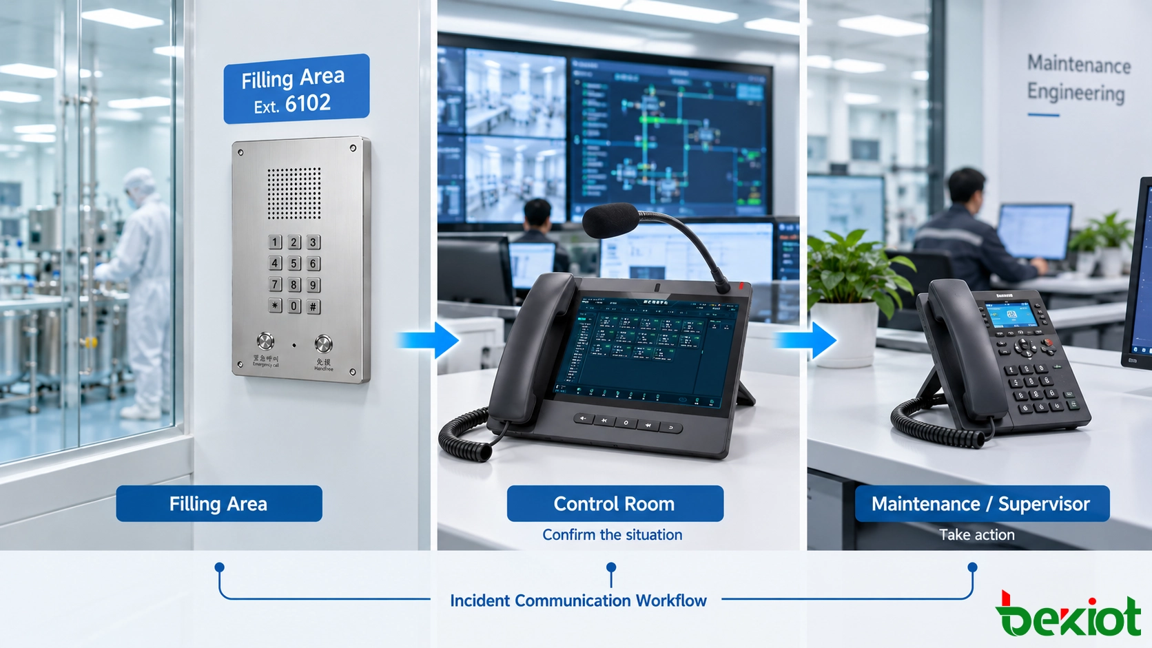 Cleanroom incident communication workflow from production area to control room and maintenance
