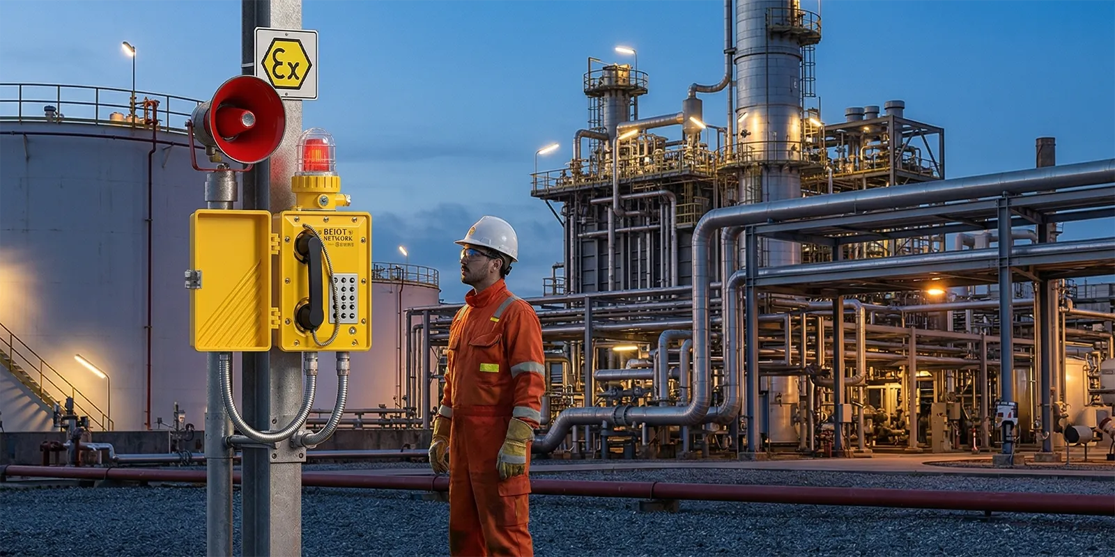 Explosion-proof telephone installed in a hazardous industrial outdoor area